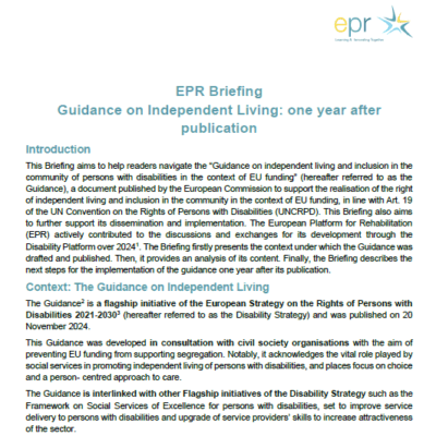 EPR Briefing – Guidance on Independent Living: one year after publication EPR Briefing – Guidance on Independent Living: one year after publication